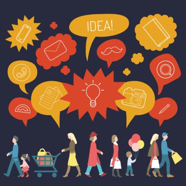 walking and shopping people with speech bubbles