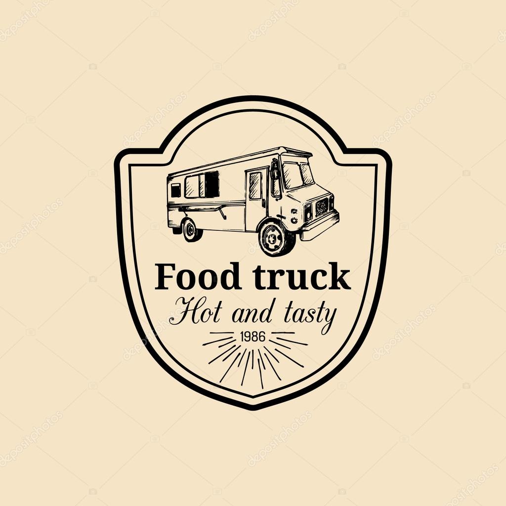 Tacos logo. Vector vintage food truck taco logo. Retro hand drawn food truck logotype. Hipster food truck sign. Food truck icon. Food truck emblem