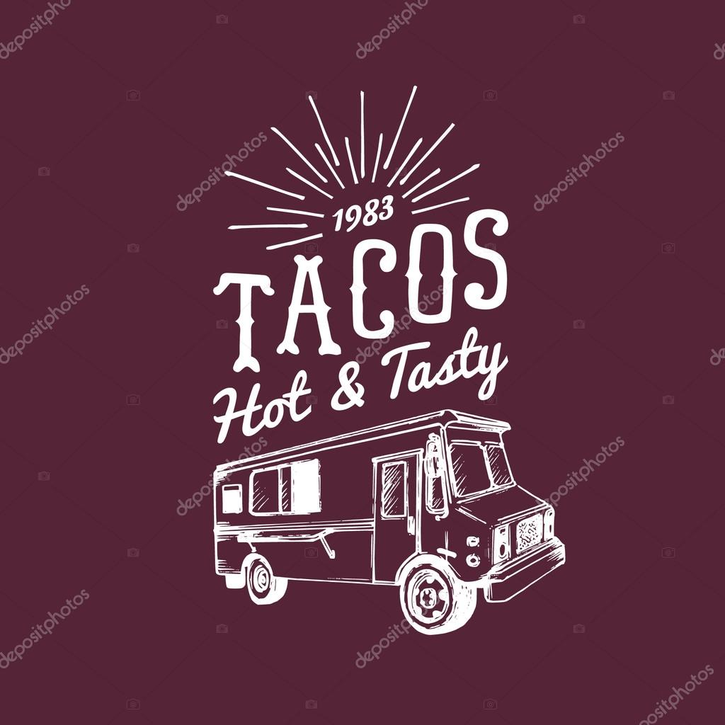 Tacos logo. Vector vintage food truck taco logo. Retro hand drawn food truck logotype. Hipster food truck sign. Food truck icon. Food truck emblem