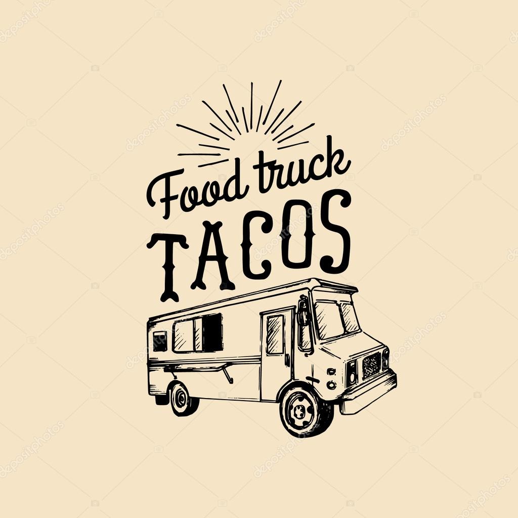 Tacos logo. Vector vintage food truck taco logo. Retro hand drawn food truck logotype. Hipster food truck sign. Food truck icon. Food truck emblem