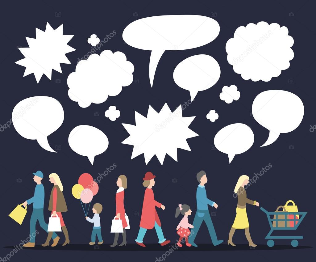 walking and shopping people with speech bubbles