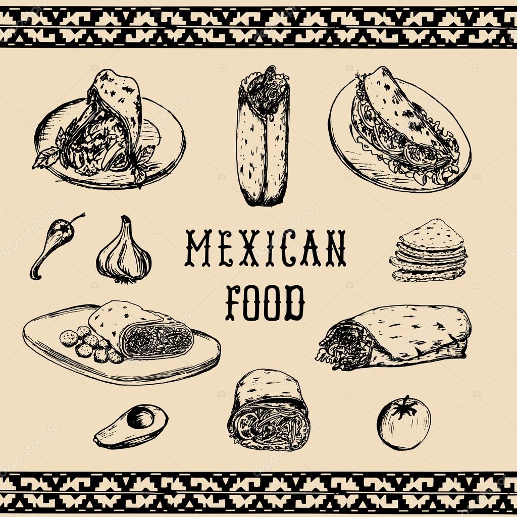 Mexican food menu in vector. Burritos, nachos, tacos illustration. Vintage hand drawn mexican food menu. Hipster mexican food signs