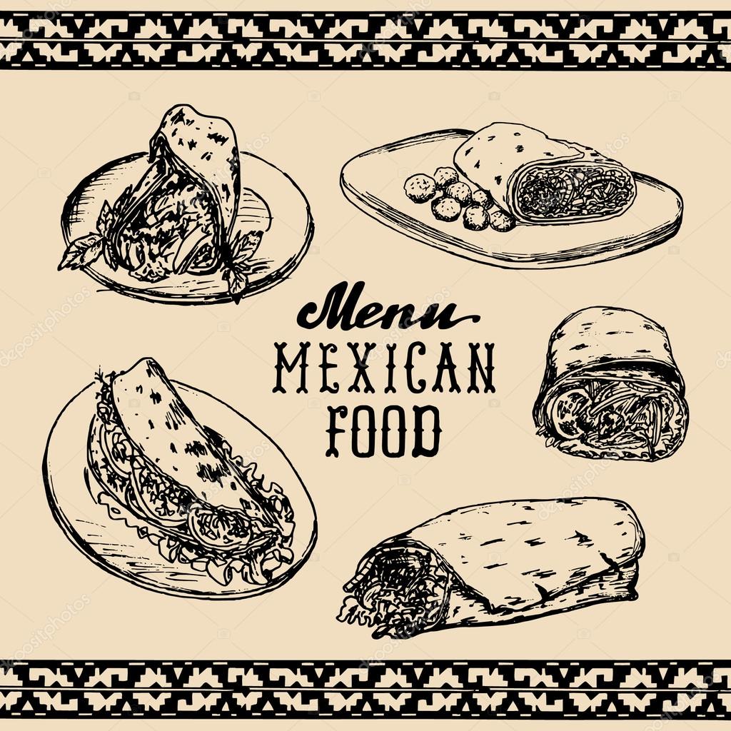Mexican food menu in vector. Burritos, nachos, tacos illustration. Vintage hand drawn mexican food menu. Hipster mexican food signs