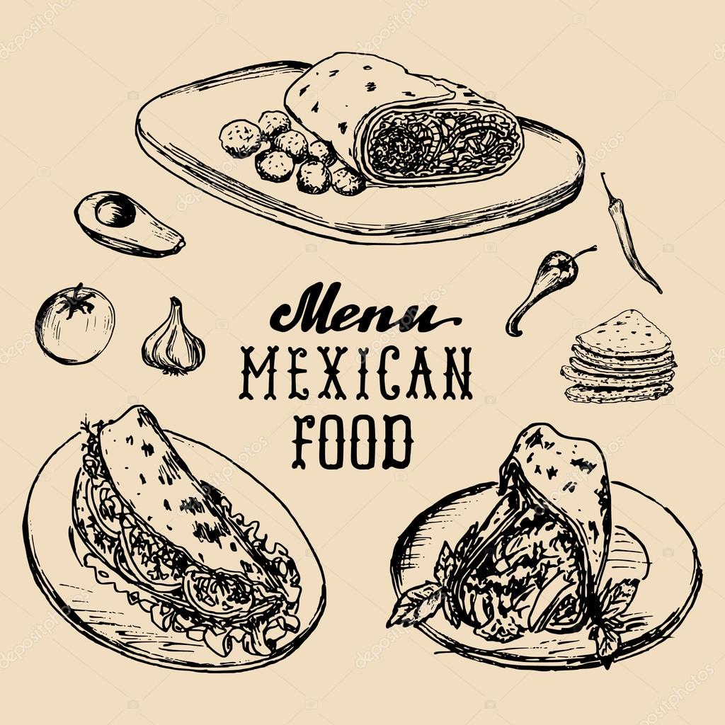 Mexican food menu in vector. Burritos, nachos, tacos illustration. Vintage hand drawn mexican food menu. Hipster mexican food signs
