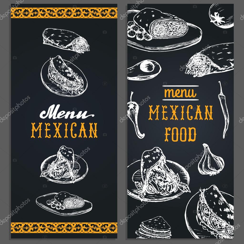 Mexican food menu in vector. Burritos, nachos, tacos illustration. Vintage hand drawn mexican food menu. Hipster mexican food signs