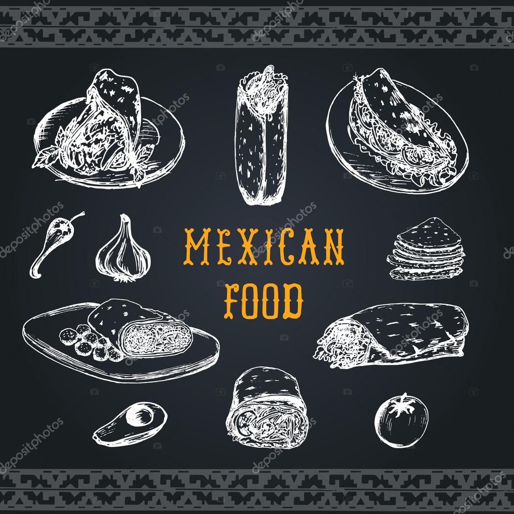 Mexican food menu in vector. Burritos, nachos, tacos illustration. Vintage hand drawn mexican food menu. Hipster mexican food signs
