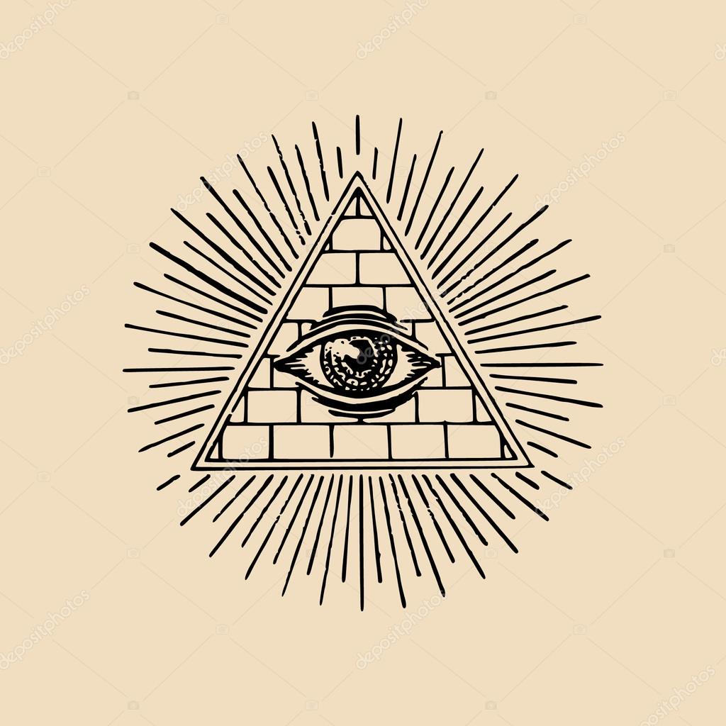 All-seeing eye. Freemasonry pyramid all-seeing eye. Engraving masonic logo emblem. Vector illustration