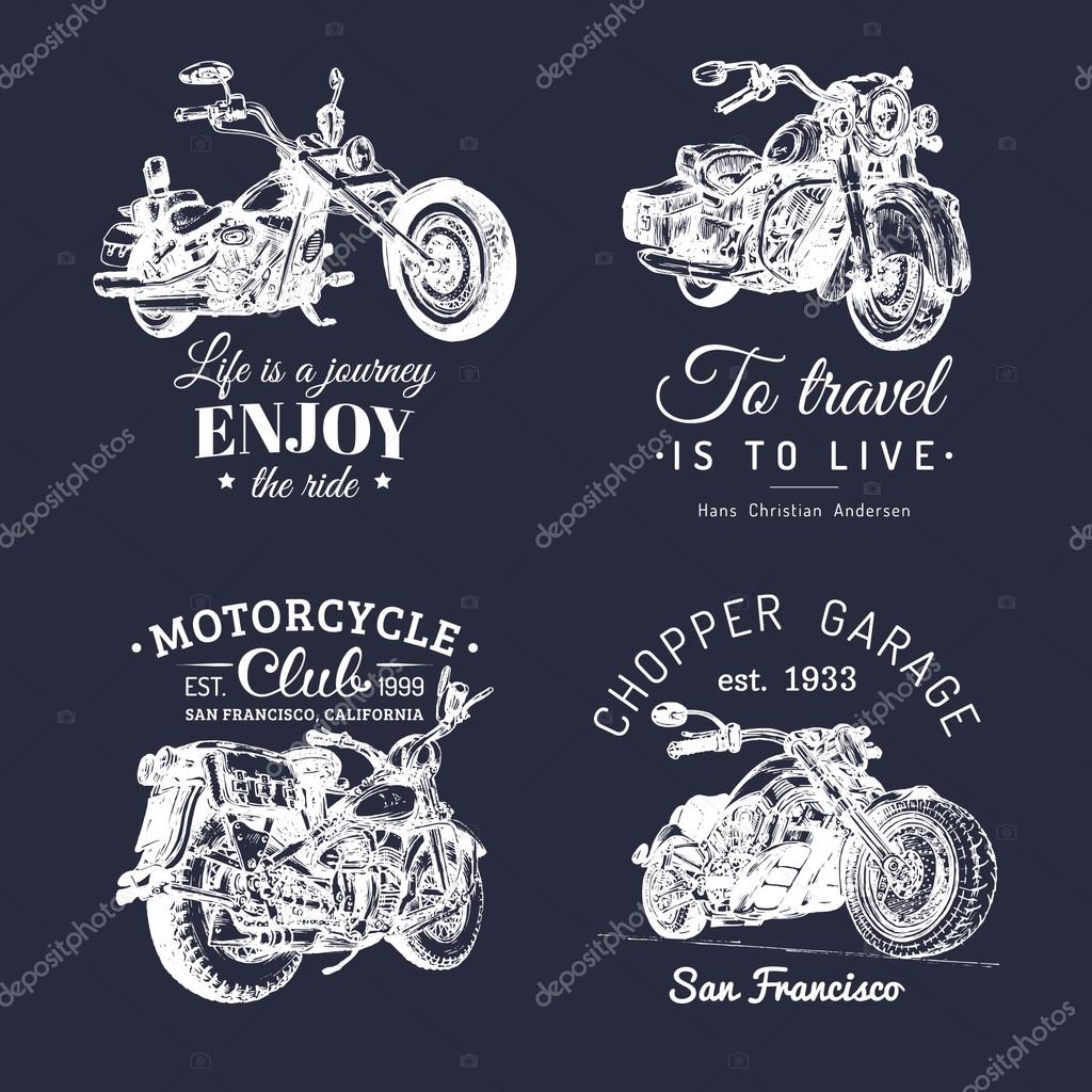 Choppers and motorcycles logos set. Chopper signs. Motorcycle logos. Chopper garage logotypes. Vector vintage biker logos. Chopper motorcycle logos