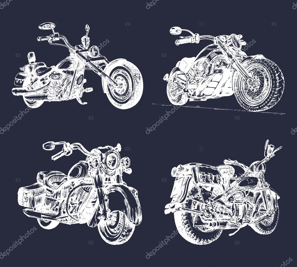 Choppers and motorcycles logos set. Chopper signs. Motorcycle logos. Chopper garage logotypes. Vector vintage biker logos. Chopper motorcycle logos