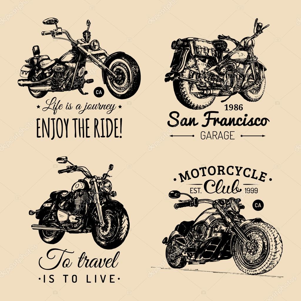 Choppers and motorcycles logos set. Choppers signs. Motorcycles logos. Chopper garage logotypes. Choppers motorcycles logos. Motorbikes