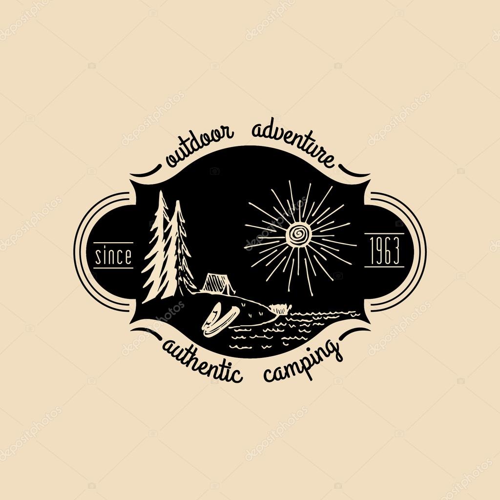Vector camp logo. Camping logotype. Vintage camping sign. Camp icon. Vector hand drawn camp illustration. Hipster camping logo