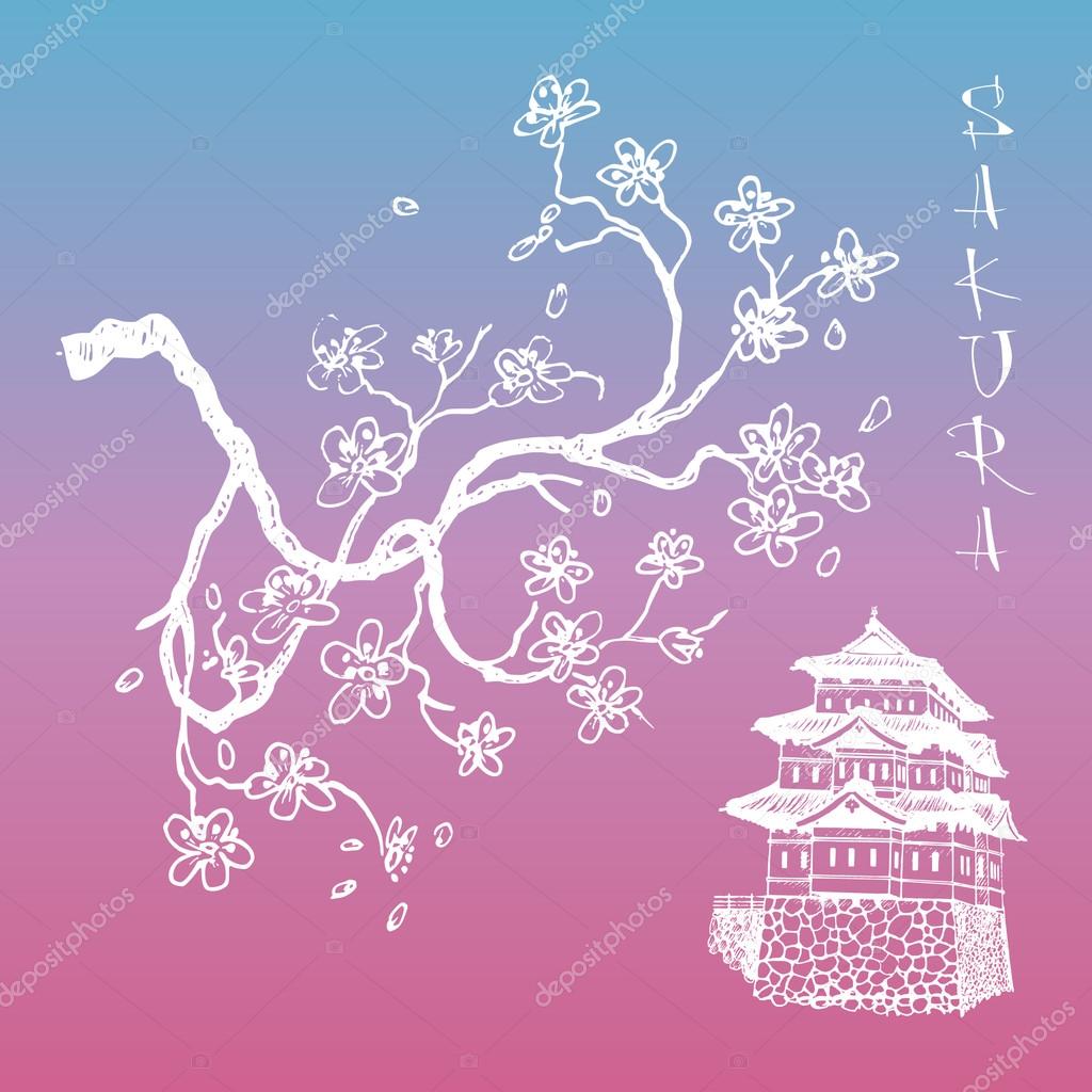 Sakura Branche De Cerisier Avec Le Château Japonais Image