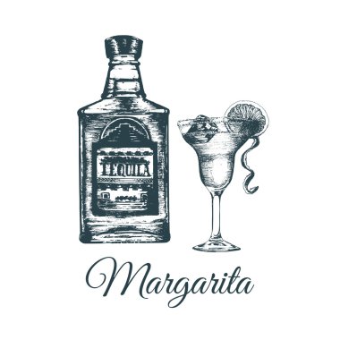 Tekila şişesi ve margarita kokteyl cam.