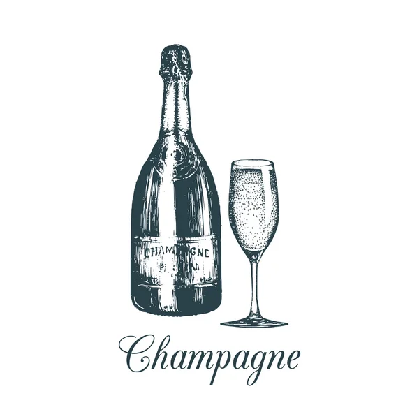 Garrafa de champanhe e copo . — Vetor de Stock