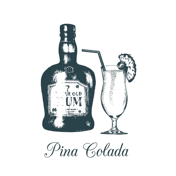 Botella de ron y vidrio de pina colada . — Vector de stock