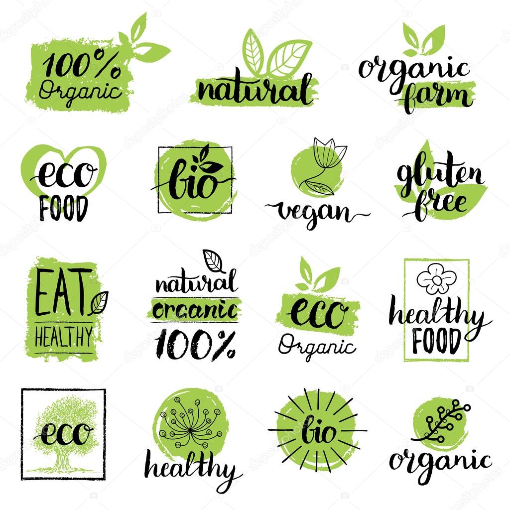 Vector eco organic bio logos. Eco labels. Vegan, organic, healthy food logos. Raw, healthy,vegan food badge, labels. Organic food tags and elements set for cafe,restaurants,organic products packaging