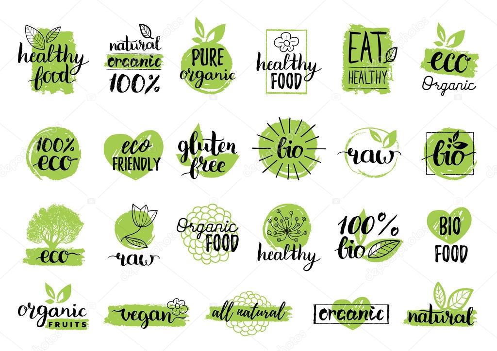 Vector eco organic bio logos. Eco labels. Vegan, organic, healthy food logos. Raw, healthy,vegan food badge, labels. Organic food tags and elements set for cafe,restaurants,organic products packaging