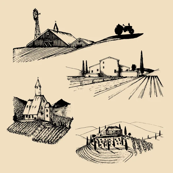 Paysages agricoles dessinés à la main — Image vectorielle