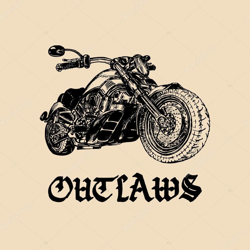 Chopper motorcycle logo with gothic handwritten lettering Outlaws. Detailed hand sketched custom motorbike illustration.Outlaws inspirational poster with hand drawn custom motorcycle. Biker logo.