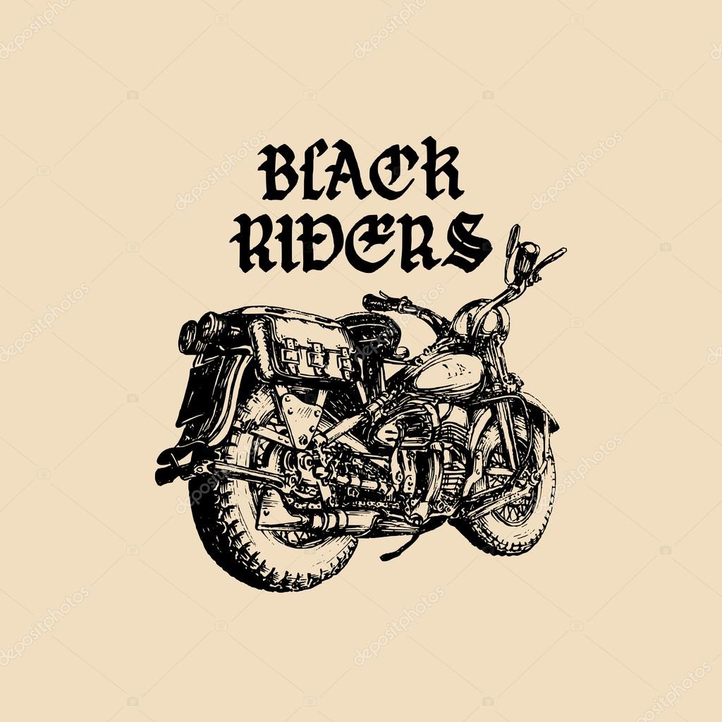 Chopper motorcycle logo with gothic handwritten lettering Black Riders. Detailed hand sketched retro motorbike illustration. Vintage poster with hand drawn custom motorcycle. Vector biker logo.