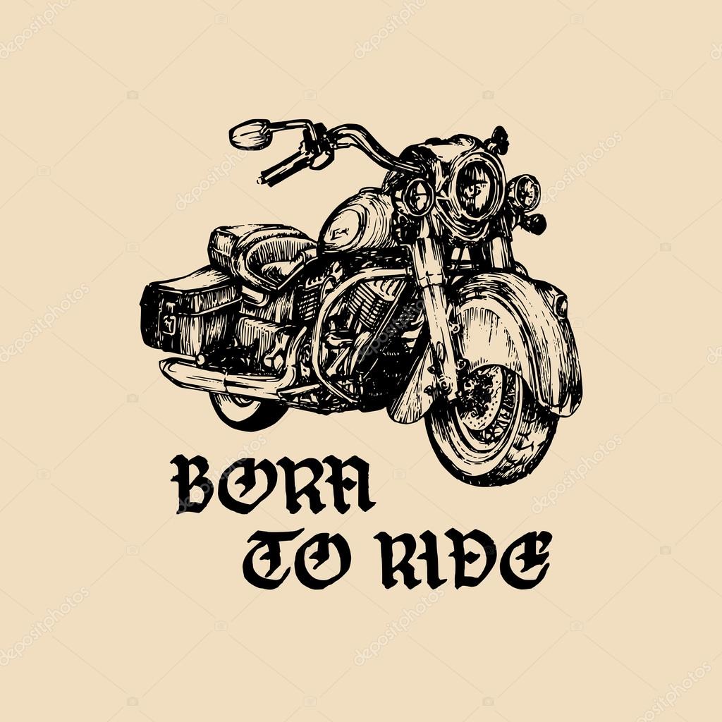 Chopper motorcycle logo with handwritten text Born to Ride. Detailed hand sketched custom motorbike illustration. Born To Ride inspirational poster, banner with hand drawn custom motorcycle.Biker logo
