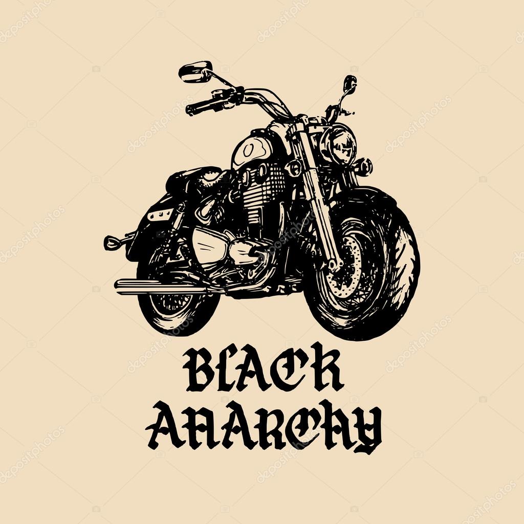 Chopper motorcycle logo with handwritten text Black Anarchy. Detailed hand sketched custom motorbike illustration.Black Anarchy inspirational poster,banner with hand drawn custom motorcycle.Biker logo
