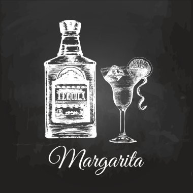 Tekila şişesi ve margarita kokteyl