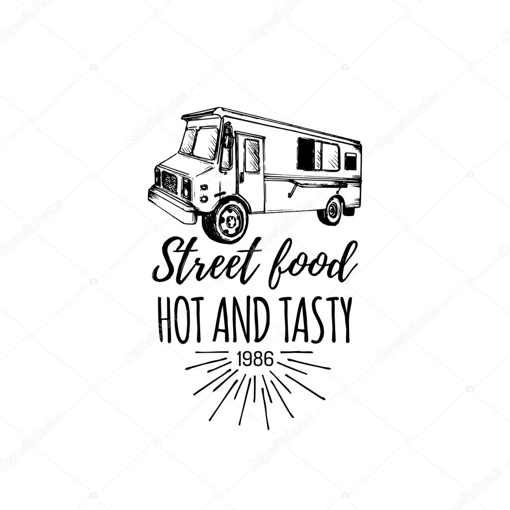 Vector vintage food truck logo. Retro hand drawn snack car illustration. Hipster street food sign. Eatery emblem.