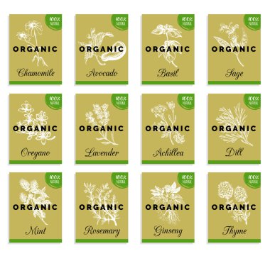 Otlar ve baharatlar kartları seti. 