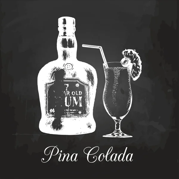 Botella de vidrio y ron de piña colada — Vector de stock