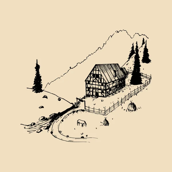 山の風景の古い家 — ストックベクタ