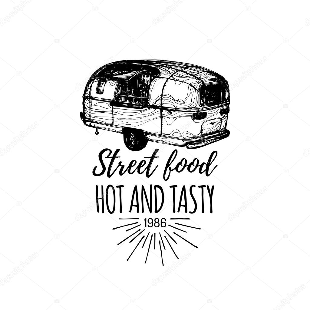 Vector vintage food truck logo. Retro hand drawn snack car illustration. Hipster street food sign. Eatery emblem.