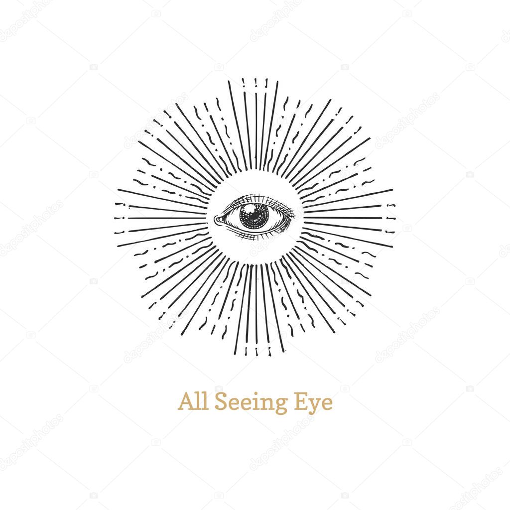 All seeing eye with sunburst. Eye of Providence vector illustration. Sacred geometry symbol in engraving style. Vintage pastiche of Omniscience occult emblem and masonic sign.