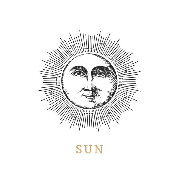 Сонце, рука намальована в стилі гравіювання. Векторне зображення . — стоковий вектор