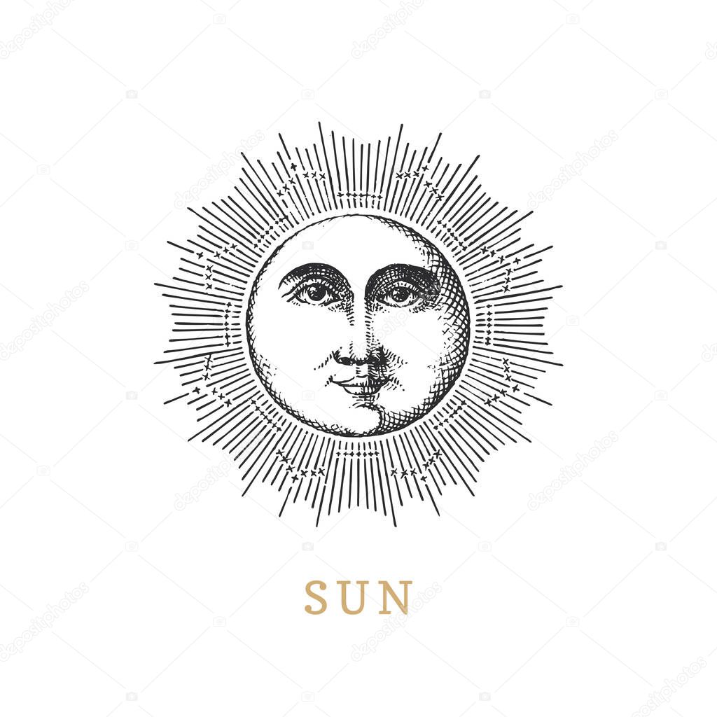 Sun, hand drawn in engraving style. Vector image.