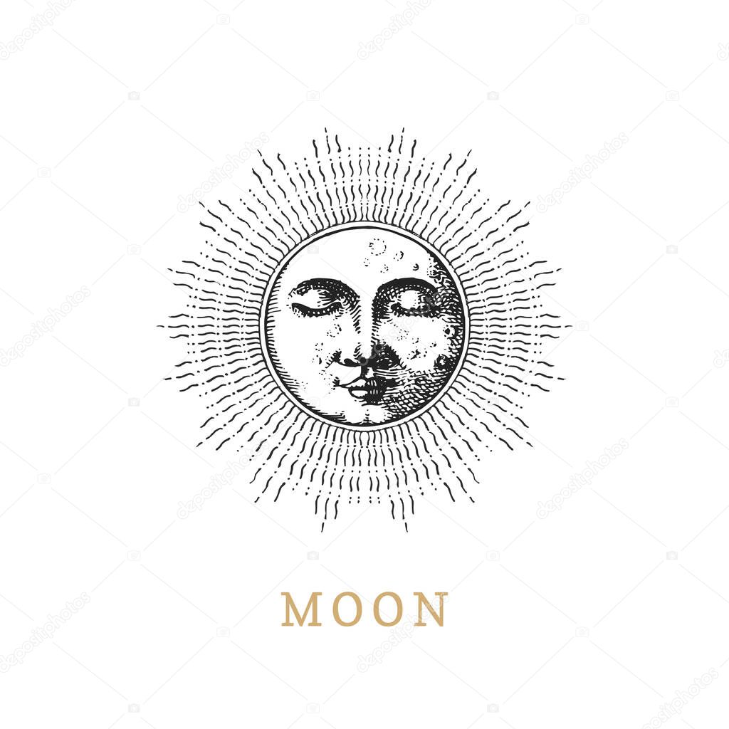 Moon, vector drawn illustration in engraving style