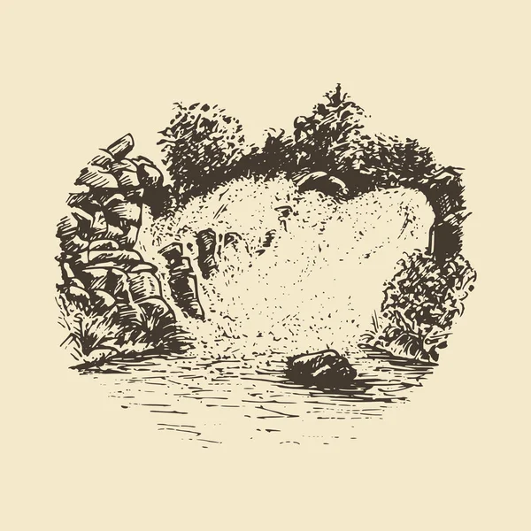 Ручна намальована ілюстрація краєвиду водоспаду . — стоковий вектор