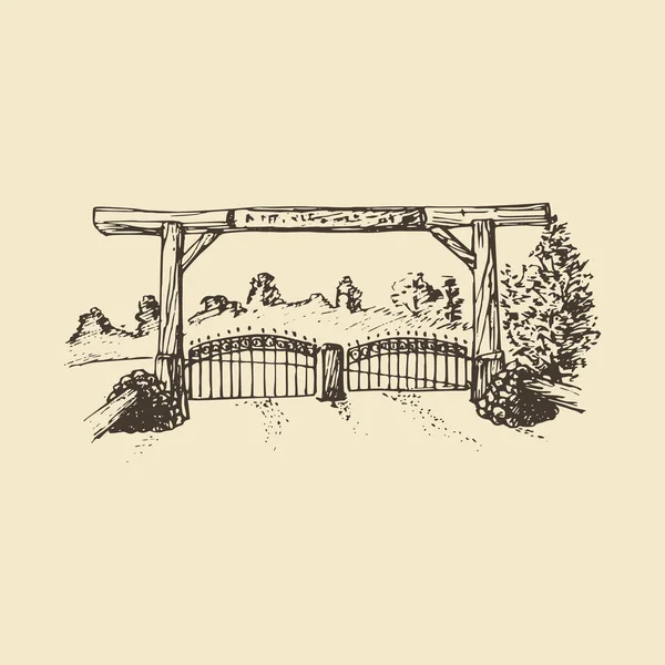Ilustración dibujada a mano de una vista de puerta de granja. — Vector de stock