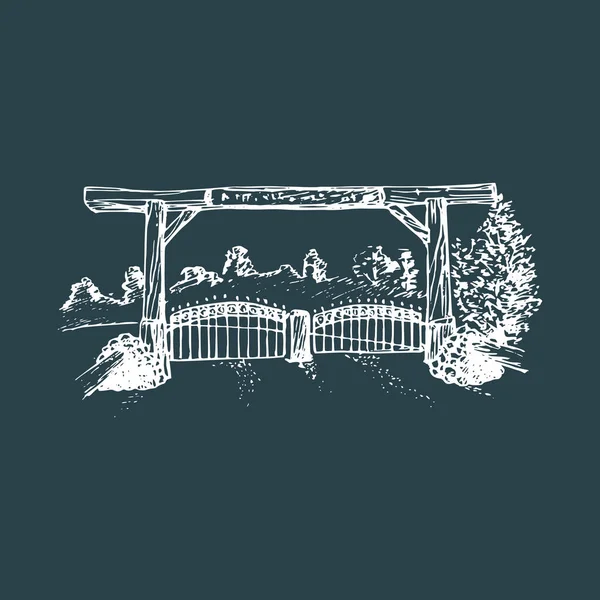 Handgetekende illustratie van een boerderij poort uitzicht. — Stockvector