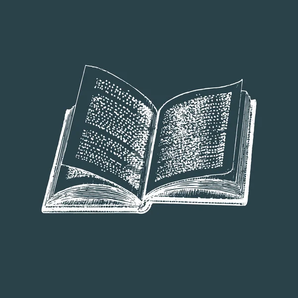 Um livro aberto, ilustração desenhada à mão. Esboço gráfico vetorial de volume de literatura. — Vetor de Stock