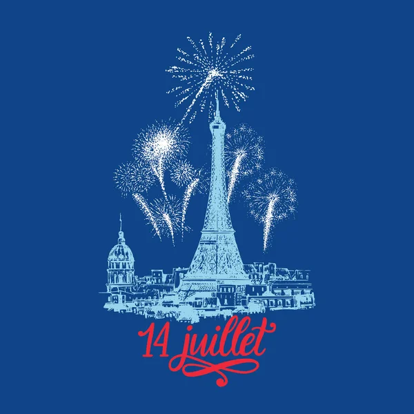 14 Juillet. Bosquejo de la Torre Eiffel y fuegos artificiales. — Vector de stock