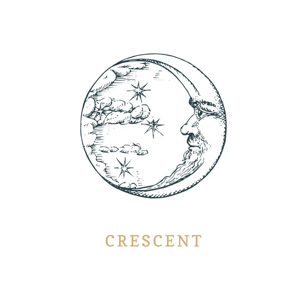 Crescent in engraving style. Vetctor esoteric sign — 스톡 벡터