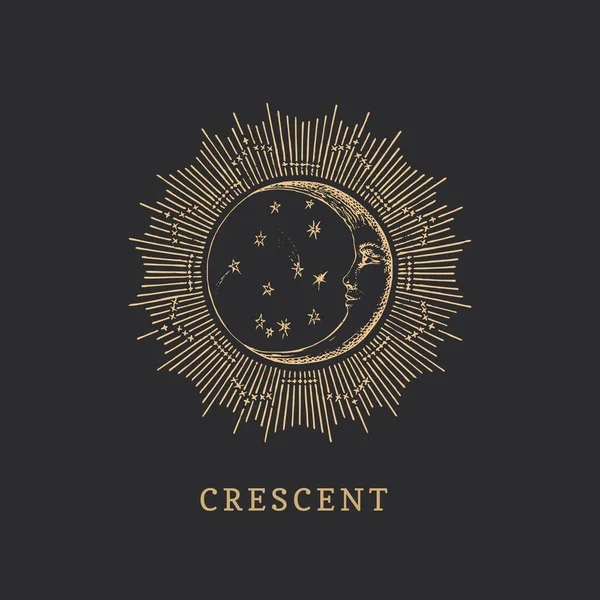 Crescent in halo. Moon drawn in engraving style. — 스톡 벡터