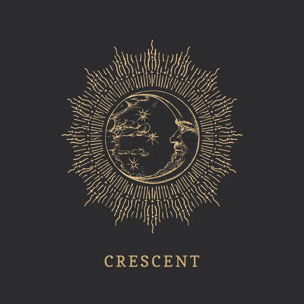 Crescent in halo. Moon drawn in engraving style. — 스톡 벡터