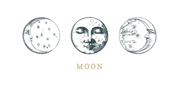 Eine Reihe von Mondzeichnungen. Halbmond-Skizzen im Vektor. — Stockvektor