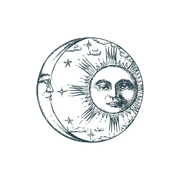 Sol, media luna en estilo grabado. Dibujo vectorial. — Archivo Imágenes Vectoriales