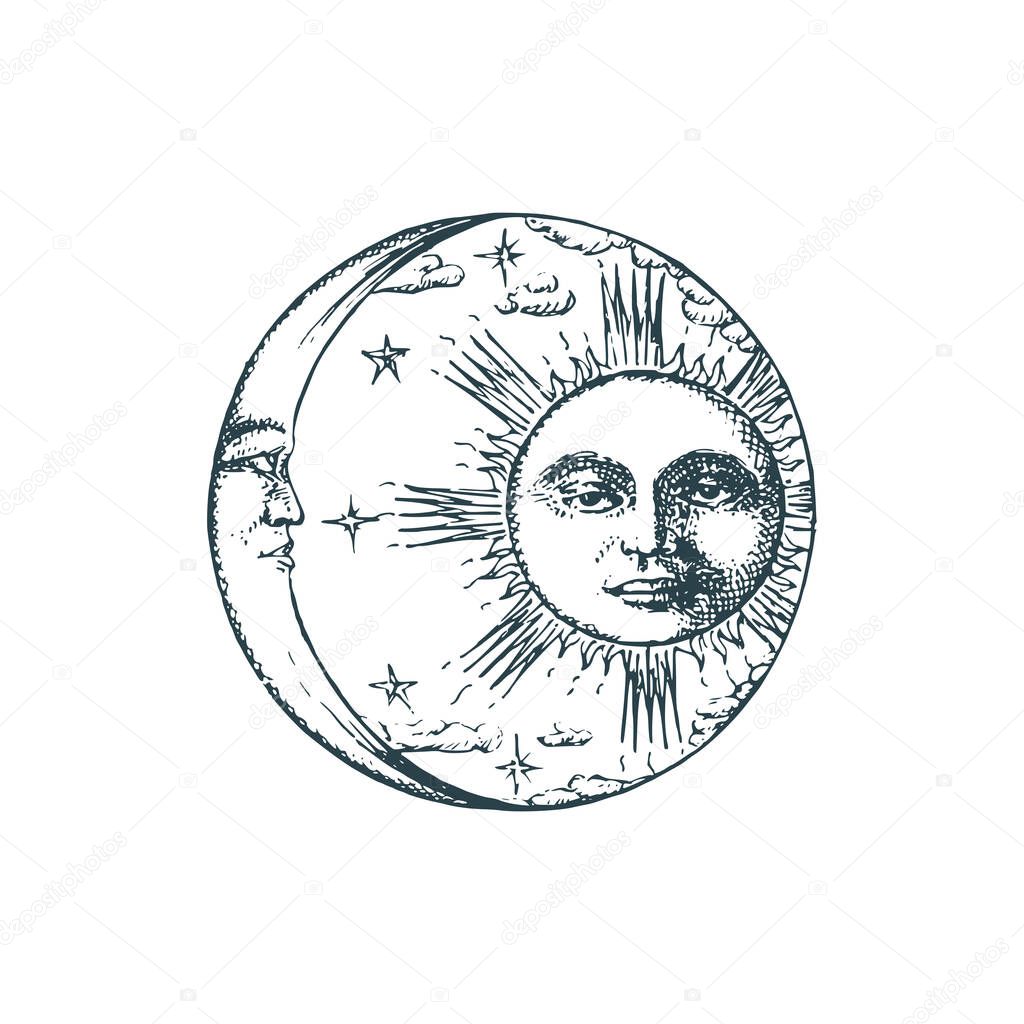 Sun, Crescent in engraving style. Vector drawing.