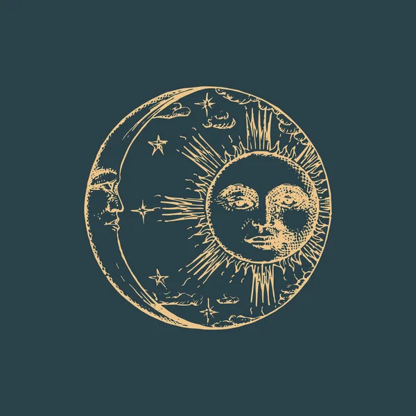 Sol, media luna en estilo grabado. Dibujo vectorial. — Vector de stock