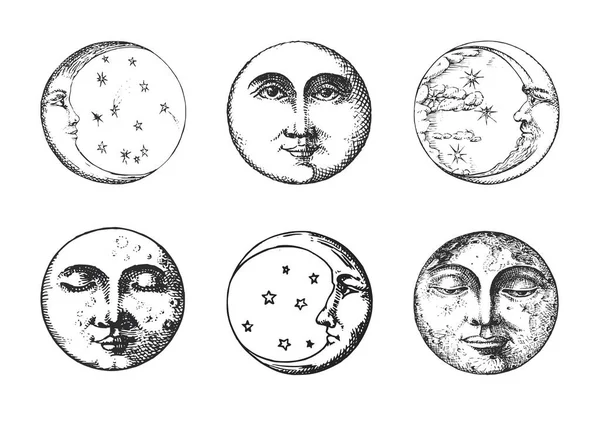 Комплект Луны, Полумесяц, рисунки в стиле гравировки — стоковый вектор
