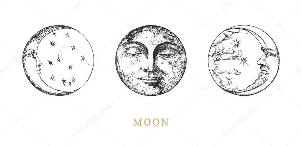 Moon, Crescents set, drawings in engraving style.